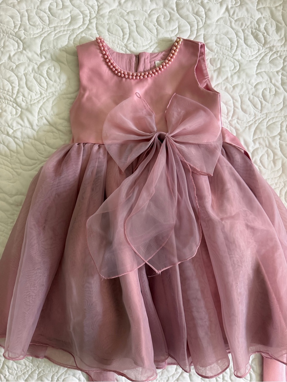 Tulle Girls' Dusty Rose Organza Party Dress with Pearl Neckline